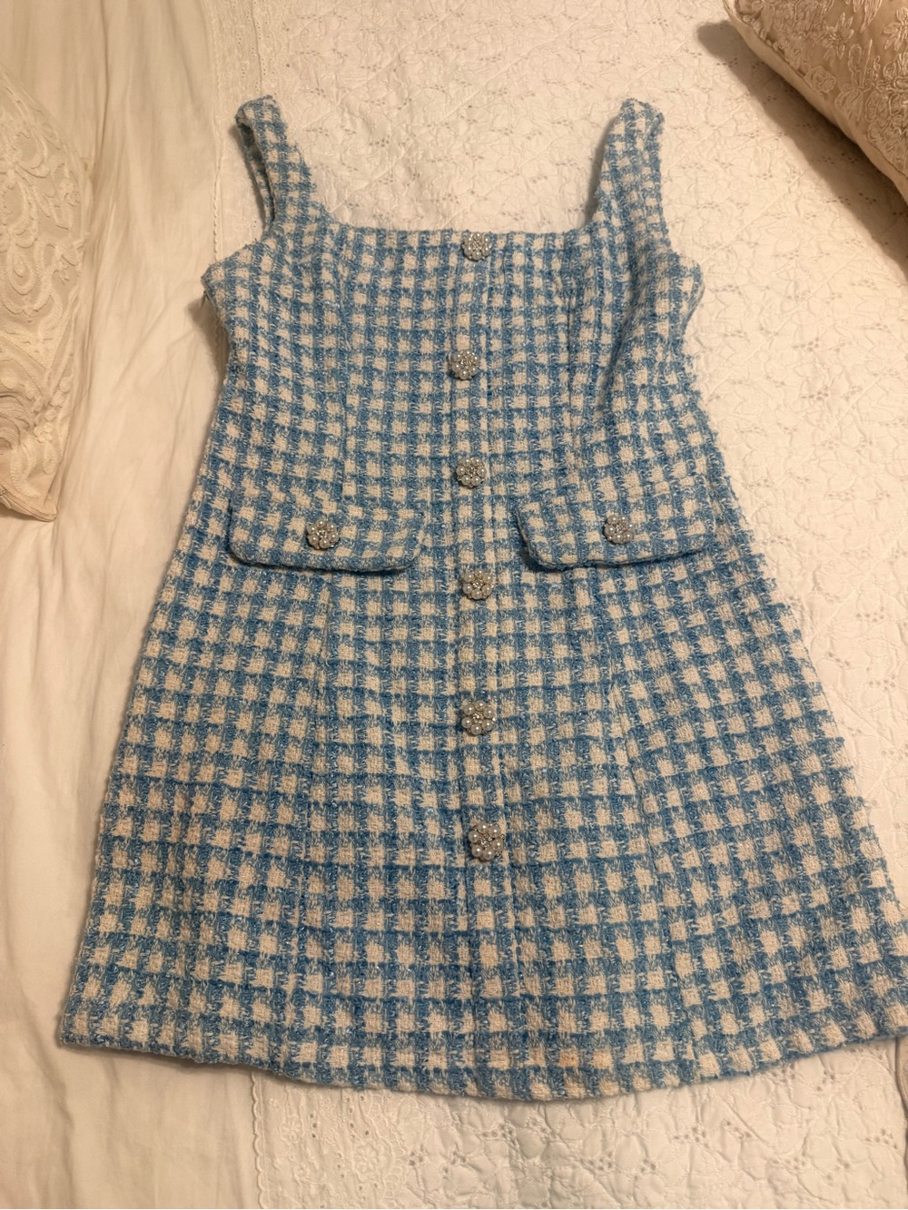 Girls Blue and Cream Check Tweed Pinafore Dress